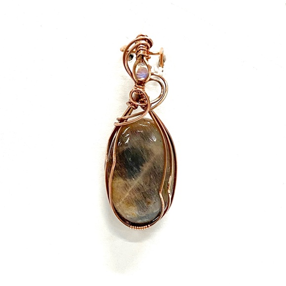 HANDCRAFTED Statement Pendant Gray &Rainbow Moonstones Oxidized Copper Hand Wrap - Picture 3 of 10